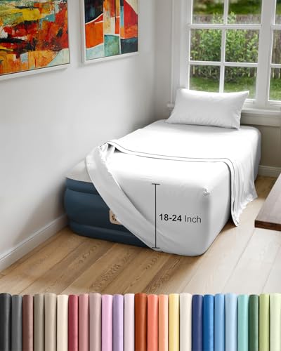 Air Mattress Sheet Set for Twin Size - 3 Piece Breathable & Cooling Sheets w/Extra Deep Pockets - Fits Inflatable & Blow Up Air Mattresses Up to 24 Inches Thick - Ultra Soft & Wrinkle Free - White