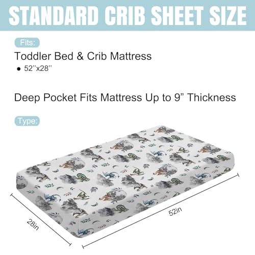 Image of Watercolor Dragons Fairytale Baby Crib Sheets - 52''x28'' Dragon Wings Leaves Moon Clouds Stretchy Fitted Mattress Cover for Boy & Girl - Soft Nursery Bed Sheets for Standard & Toddler Mattress