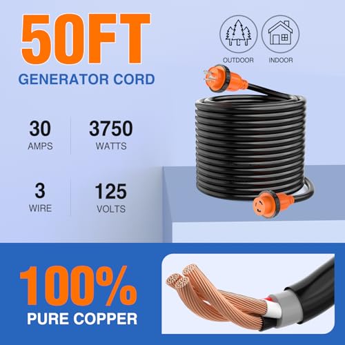 Image of Nilight 30 Amp 50FT Generator Extension Cord 3 Prong RV Power Cords with Twist Lock Waterproof NEMA L5-30P L5-30R Cable Heavy Duty 10AWG ETL Listed for RV Marine Boat Generators Outdoor Use