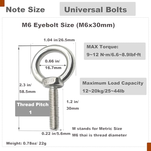 Image of 6 Packs M6 Stainless Eyebolt 1.2 inch(30mm) Short Bolt Eye Threaded Ring Lifting Shoulder Screw Hook with Nut Washer Locking as Anchor Point for Hanging,6 PCS