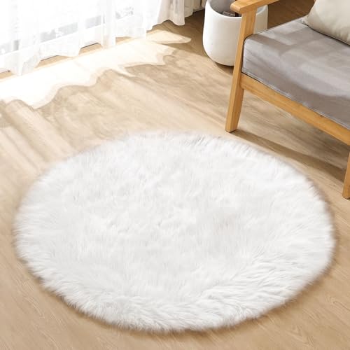 ORINOVA Tapis Rond Blanc 90 cm Fausse Fourrure Fille Ado Chambre Petit Shaggy Fluffy Moumoute Poil Long Salon Doux