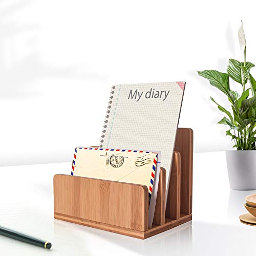 Bamboo Mail Organizer, wishacc Vertical Desk Letter/Envelope/File/Paper/Folder/Bill Holder for Office & Home, Small 3 Sections Desktop Office Supplies Incline Sorter Rack for Kids & Commuters