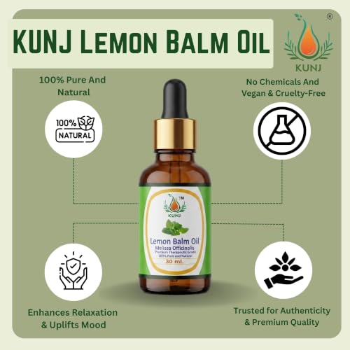 Image of KUNJ Lemon Balm Essential Oil 30ml - Pure Melissa officinalis Oil for Stress Relief, Relaxation, Calm Mood, Sleep Support, Aromatherapy, Diffuser & Skin Care | 100% Natural