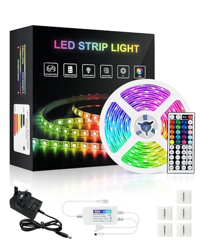KALAHOL 5M LED Strip Lights, RGB Color-Changing Led Lights with 44 Keys Remote Control, Flexible Strip Light, 12V Power Supply LED String Light for Bedroom Living Room Party Decoration