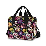 Day Of The Dead Sugar Skull Lunch Bags for Women Flowers Rose Daisy Love Heart Lunch Tote Bag Lunch Box Thermal Cooler Bag Lunch Organizer for Working Picnic Beach Sporting