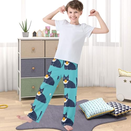 Boy's Pants Cute Blue Cat Jogger Pants Elastic Waist Long Bottoms Trousers with Pockets 6-14 Years4