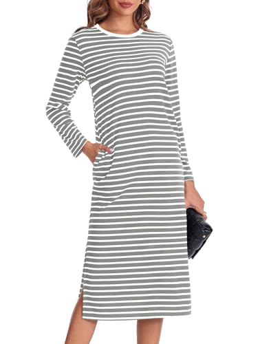 Fisoew Damen Gestreifte Maxikleider Herbstkleid Langarm T Shirt Kleider Rundhalsausschnitt Lässiges Freizeitkleid mit Taschen.Hellgrau.M