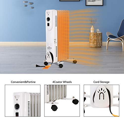 outdoor basic Electric Oil Filled Radiator Heater with Adjustable Thermostat 700W/1500W Portable Space Heater Tip Over and Overheating Protection for Home & Office,White