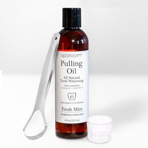 SpaRoom Ayurveda Pulling Oil Mouthwash and Tongue Scraper; Made with Coconut Oil and 7 Essential Oils for Fresh Breath, Teeth Whitening and Gum Health, Fresh Mint Scent, 8 Fl. Oz Cover