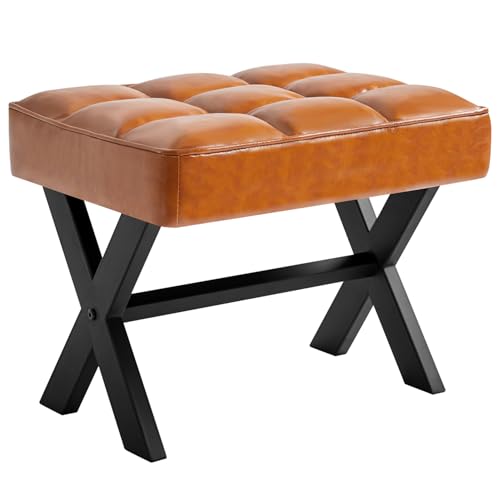 Image of IBUYKE Small 12 inch H Footrest Stool, Square PU Foot Stool with Metal X-Leg, Multi-Use as Small Side Table, Step Stool for Living Room, Bedroom, Entryway, Office, Light Brown WBD012J
