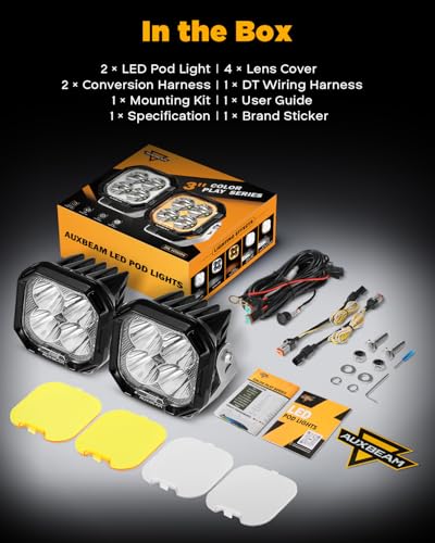 Image of Auxbeam Color Play Series 3 inch LED Pods Hyper Spot Beam Driving Lights 2-Pack | DRL & Turn Signal, Multi Function, Amber White Covers, 100W 11600LM, Cube Off-Road Lights, for SXS ATV UTV 4x4 Pickup Truck