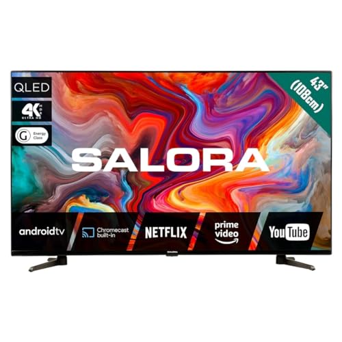Salora 43QLEDTV 43 inch 4K Ultra HD televisie 43 inch (109,2 cm) 4K Smart TV, HDR 10+, Android 11, Ingebouwde Chromecast, Dolby Vision & Atmos, 3x HDMI, USB Recording, Amazon Prime Video, Apple TV, Disney+, Netflix, Twitch, YouTube, Spotify