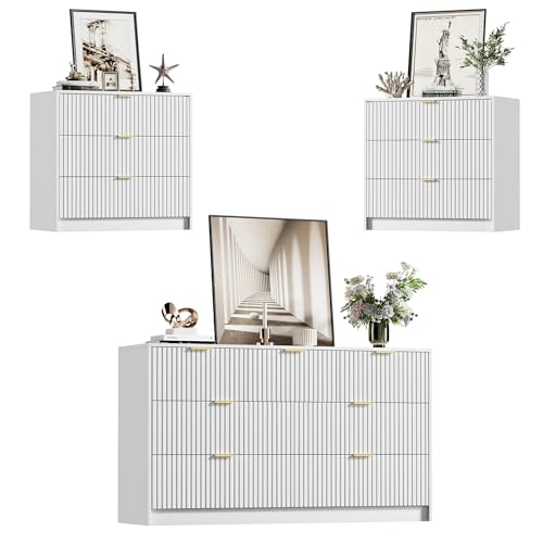Image of 3 Piece Modern Bedroom Set, 7 Drawer Dresser with 2 Nightstands, White