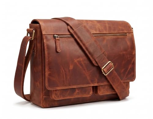 VALENCHI 15 Full Grain Leather Laptop Messenger Bag For Men & Women - Padded 15.3 Laptop Compartment Ample Storage & Pockets Premium Natural Leather (Cognac Vintage)