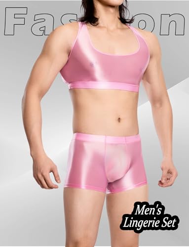 Men's Two Piece Shiny Glossy Clothing Set Sexy Racerback Vest Sport Bra And Low Rise Pouch Boxer Shorts Outfits3