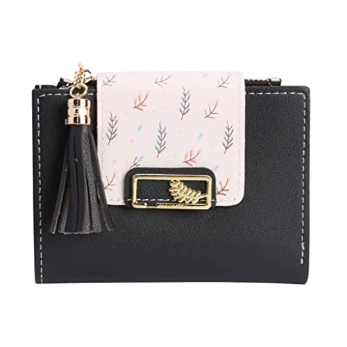 Leather Wallet Women's Pu Leather Wallet Short Mini Fringe Zipper Purse Clutch for Girls Slim Coin Pocket Large Capacity Card Holder Large Capacity (Bk,9.7x11.6cm)