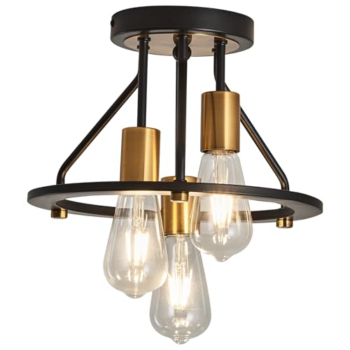 Qgiytp U-1083 Industrial Semi Flush Mount Ceiling Light Fixture 3-Light Matte Black And Gold Chandelier E26 Farmhouse Ceiling Lamp thumb #8