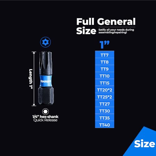 Image of ToolAnt 1' Impact Torx Bit Set (TT7-40), Qty 13; Tamper-Proof Star Bit Set, 1 /4' Hex-Shank, CNC Machined Tips, S2 Steel, Impact Magnetic Bit Holder & Storage Box