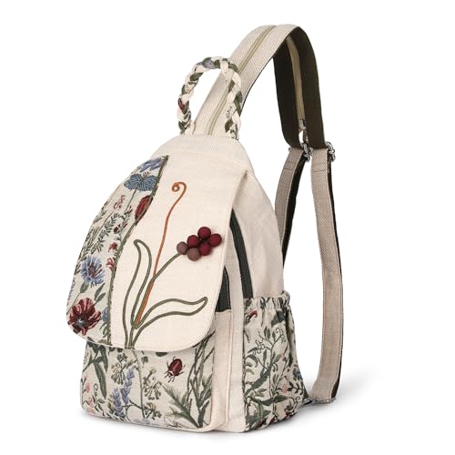 Umwandelbare Umhängetasche für Mädchen, handgefertigte Handtasche, wunderschöner, hochwertiger, lässiger Tages-Mini-Rucksack aus Segeltuch für Frauen in Grün blumenstickerei(Grape Flower)