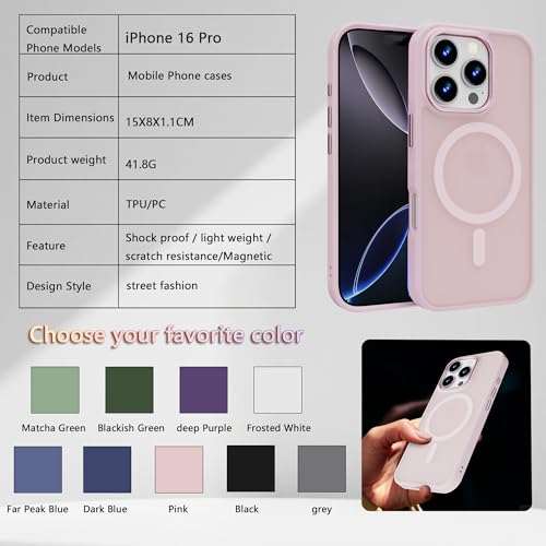 Image of Magnetic iPhone 16 Pro case,Compatible with Magsafe, Military-Grade Protection,Slim Translucent Matte Shockproof with Anti-Scratch Anti-Fingerprint Phone Cover (Pink, iPhone 16 Pro)