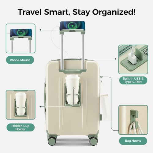 Image of Carry on Luggage Top opening Suitcases, Expandable with Cup&Phone Holder and USB Charging Port,Hardside with Front Pocket Rolling Suitcases with Spinner Wheels & YKK Zippers (Beige, 20 Inch)