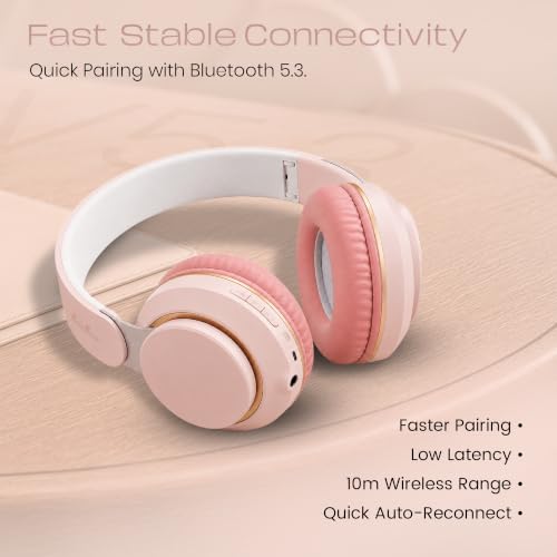 Image of PunnkFunnk FusionBeat Wireless Bluetooth Headphones with BT 5.3, Noise Cancelling, Hi-Res Audio, 40mm Drivers, Deep Bass, Memory Foam Ear Cushions, Over-Ear Headset, Teens & Adults (Pink)