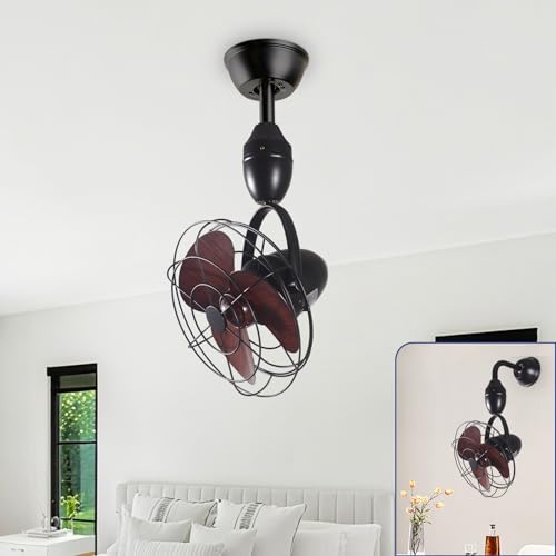 Depuley Oscillating Ceiling Fan with Remote: Black and Walnut Wall Mount Fan Ceiling for Patio - Caged Outdoor Wall Fan for Indoor Bedroom Kitchen - 80° Oscillation 100° Adjustable