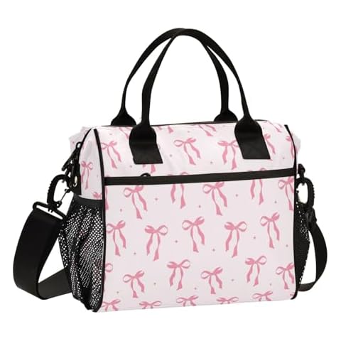 Krafig Cute Pink Ribbon Bow Lunch Bag Reusable Lunch Box for Office Picnic Hiking Beach, Insulated Cooler Tote Food Container with Adjustable Shoulder Strap for Men Women Adults Cover