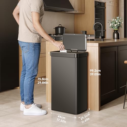 Image of EKO Nova Sensor Trash Can or Recycling Bin, 21 Gallon /80 Liter Stainless Steel Rectangular Touchless Motion Sensor Trash Can, Matte Black