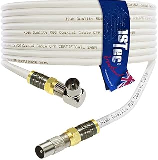 1STec 7m White Right Angled Gold Digital Coaxial Plug to Straight Male TV Extension Cable + Cable Clips (7 Metre, White)