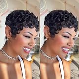PurpleSexy Chic Elegent Pixie Cut Wigs Human Hair Short Layered Pixie Cut Human Hair Wigs For Black Women Glueless Short Curly wigs With Bangs For Daily Use Natural Black 1B Color Full Machine Made