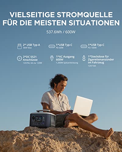 BigBlue 537,6Wh Solargenerator mit 100W Solarpanel ETFE, Tragbare Powerstation mit LiFePO4-Akku, 600W AC Ausgang (1200W Spitzenlast), IP68 Solar Ladegerät, Solar-Generator mit 8... – Bild 3