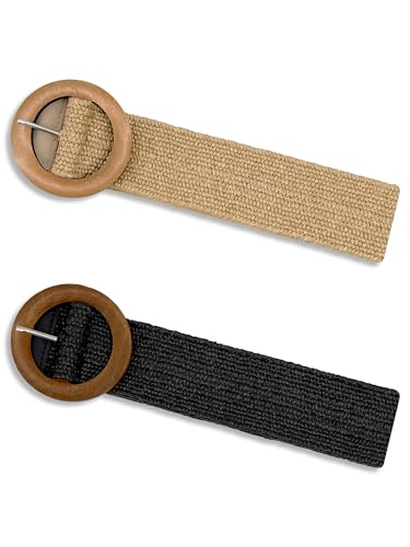 2 Pack Straw Woven Elastic Stretch Waist Belts for Women