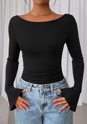 Image of PRETTYGARDEN Women Long Sleeve Shirt 2025 Crop Casual Boat Neck Bell Sleeve Ribbed Ruched Y2K Clothing