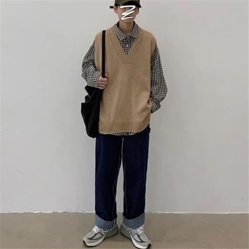 Men Knitted Sweater Vests Loose Simple Harajuku Sleeveless Japanese Style Teens Chic Vest 5