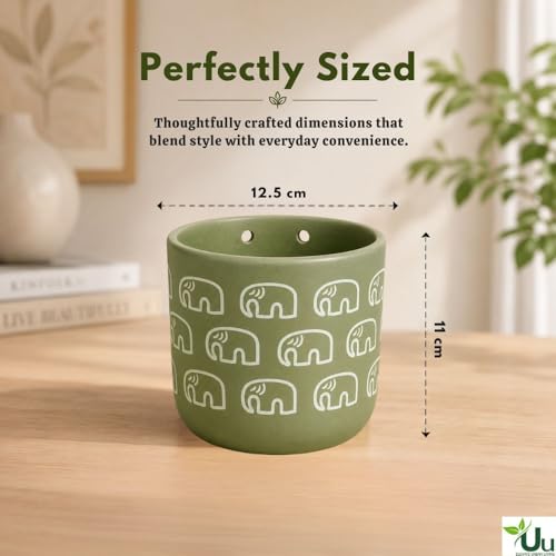 Image of Urban Upvan Elephant Printed Green Terracotta Wall Planter - Premium Decorative Planter for Indoor & Outdoor Plants, Modern Elegant Flower Pot for Home, Garden & Office