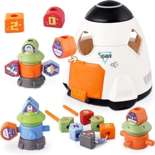 Image of PLUSPOINT Spaceship Shape Sorting Toys,All In 1 Rocket ,Stacking & Building Blocks,Lacing Beads Stacking Tower Playset Skills Developmental Astronaut Toys Gift For 2+ Year Kids Toddlers,Multicolor