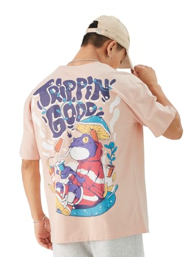 Image of The Souled Store Trippin' Good Men and Boys Short Sleeve Round Neck Pink Graphic Printed Cotton Oversized T-Shirts