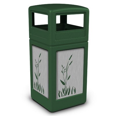 Precision Series 42 Gallon Waste Containers with Dome Lid and Stainless Steel Panels Cattails Design Color: Forest Green