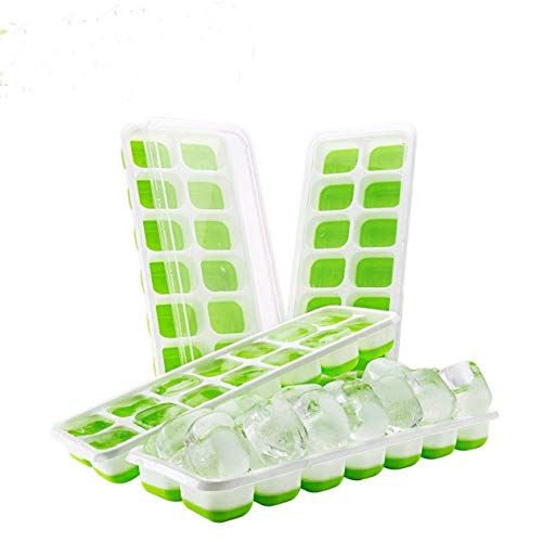 Ice Cube Trays Silicone,Ice Cube Mold Ice Tray Spill Resistant Lids 4 Pack and Flexible Reusable 14-Ice Trays Set with Lid Stackable BPA Free Dishwasher Safe Ice Cube Maker Storage Containers