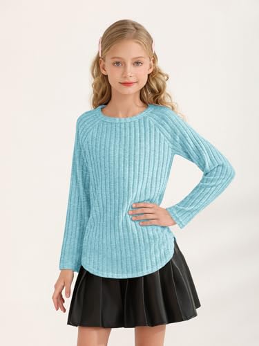 Haloumoning Girls Long Sleeve Shirts Kids Ribbed Knit Curved Hem Tunic Tops Fashion Tees 5-14 Years2