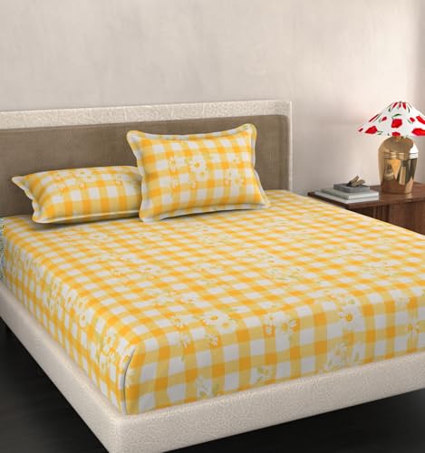Image of VOMZER Queen Size (60x78) 300 TC Soft Cotton Feel Microfiber All Around Elastic Fitted Queen Bedsheet with 2 Pillow Covers | Yellow Check