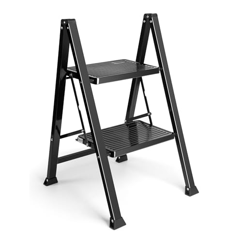 VonHaus Slim 2 Step Ladder with Anti Slip Steps and Feet - Black Lightweight Folding Stepladder - 150KG Max Capacity, Easy to Store - Ideal for Home/Kitchen/Garage Household Ladder 1 VonHaus Slim 2 Step Ladder with Anti Slip Steps and Feet - Black Lightweight Folding Stepladder - 150KG Max Capacity, Easy to Store - Ideal for Home/Kitchen/Garage Household Ladder