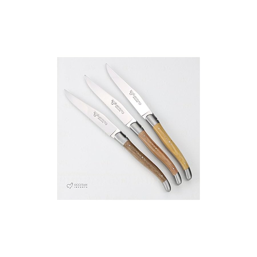 Laguiole en Aubrac Luxury Fully Forged Full Tang Stainless Steel Steak Knives 4-Piece Set with Mixed French Wood Handle, Stainless Steel Brushed Bolsters