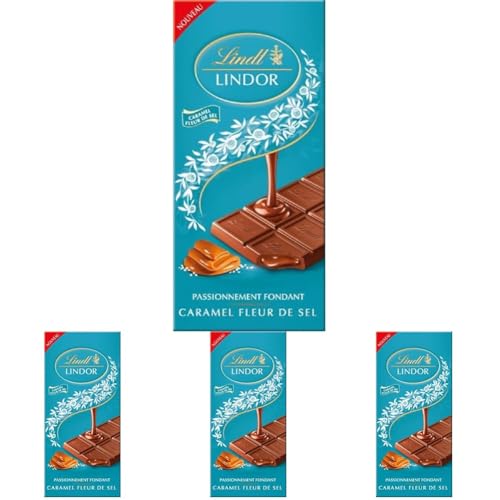 Lindt - Tablette LINDOR - Chocolat au Lait Caramel Fleur de Sel - Cœur Fondant, 150g (Lot de 4)