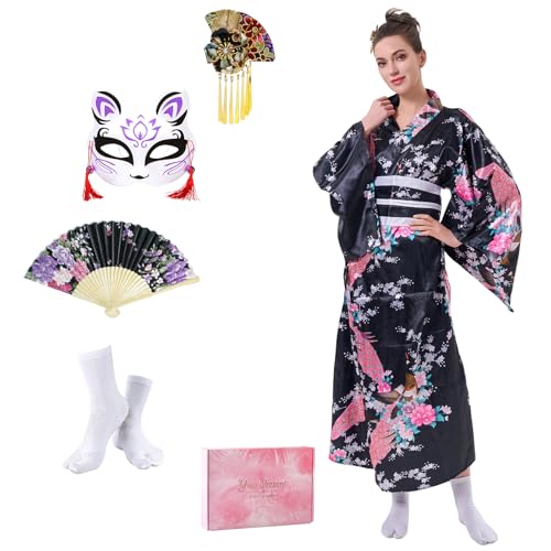 CRFASIBE 5 Pièces Robe Kimono Femme, Traditional Japonaise Geisha Yukata avec Masque, Éventail et Sac à Main, Ensemble Costume pour Carnevale Cosplay...