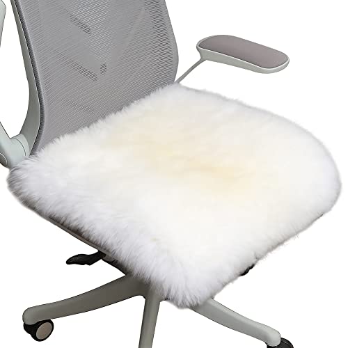 LLB Sheepskin Chair Cushion Non-Slip Back Square Genuine Fur Chair Cover Silky Natural Wool Seat Cushion Pad Soft Area Rugs Carpet for Home Office Restaurant Chair 18x18 Inch (Pack of 1) Ivory White