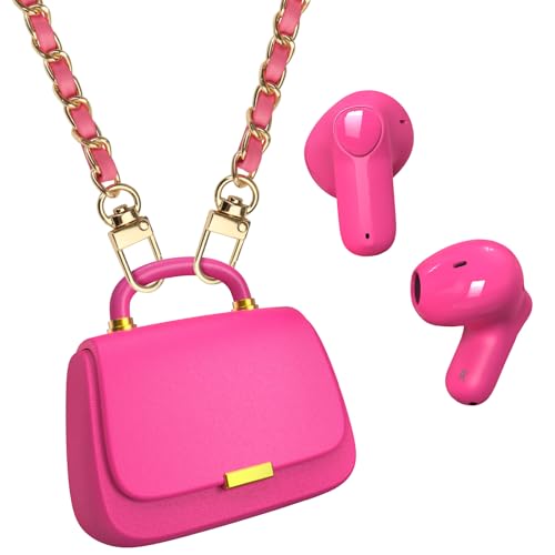 Image of ANCwear Cute Pink Wireless Earbuds for Girls, Rose Pearl Ear Buds with Mini Handbag Charging Case, DIY Stickers, Bluetooth 5.3, 22H Battery Life, Fashion Gift for Women Teens