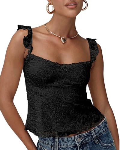 Arkim Tank Top Damen Y2K-Spitzen-Top mit Schleife Stretch Slim Casual...