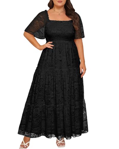 Image of Plus Size Wedding Dress Bride Boho Lace Formal Square Neck Ruffle Sleeves Long Dresses for Curvy Women